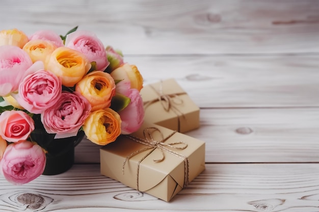 Un ramo de rosas y una caja marrón están sobre una mesa de madera.