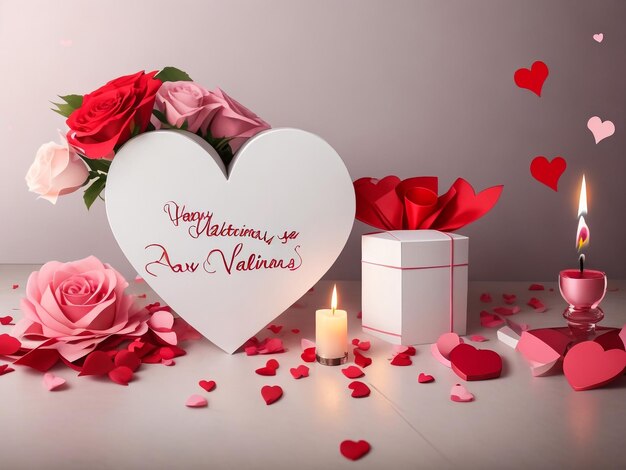 Ramo de rosas y caja de regalo con tarjeta de feliz día de San Valentín