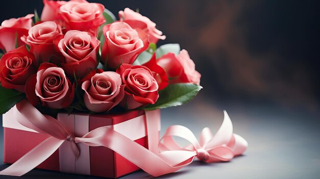 Foto ramo de rosas en una caja roja día de san valentín fondo vintage
