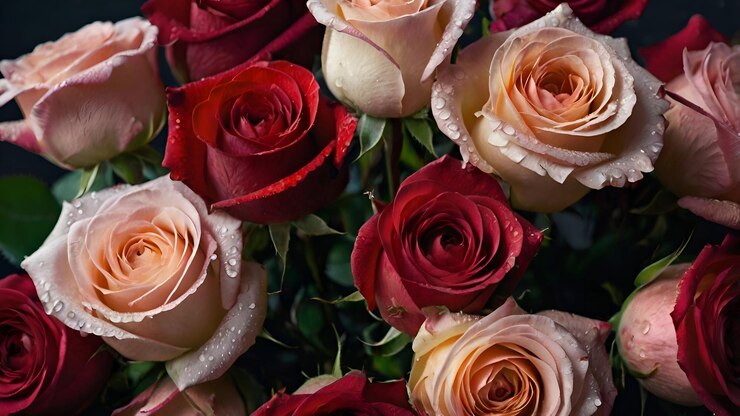 un ramo de rosas con una cinta blanca alrededor de la parte inferior