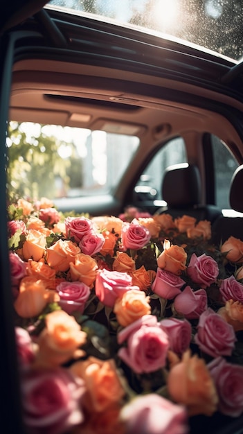 Un ramo de rosas en un coche.