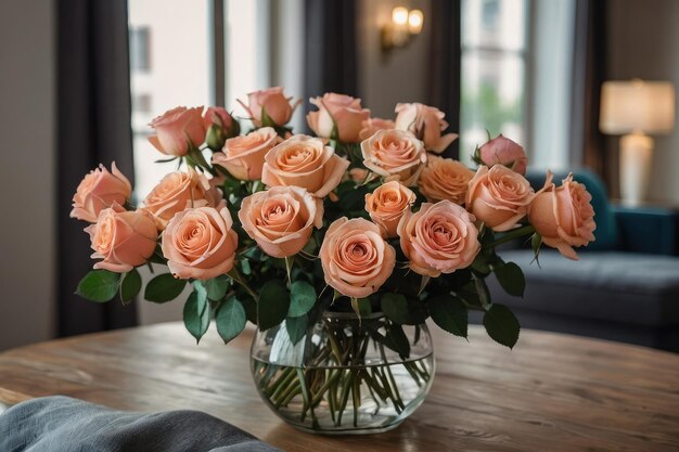 Un ramo de rosas de color naranja pálido en la mesa