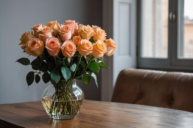 Foto un ramo de rosas de color naranja pálido en la mesa