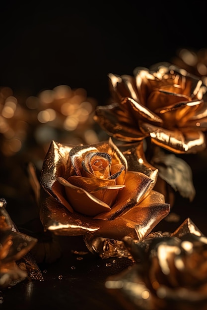 Un ramo de rosas doradas con un fondo negro.