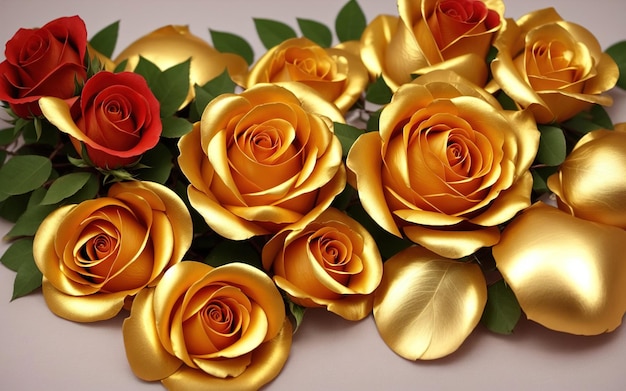 Un ramo de rosas doradas con una hoja verde