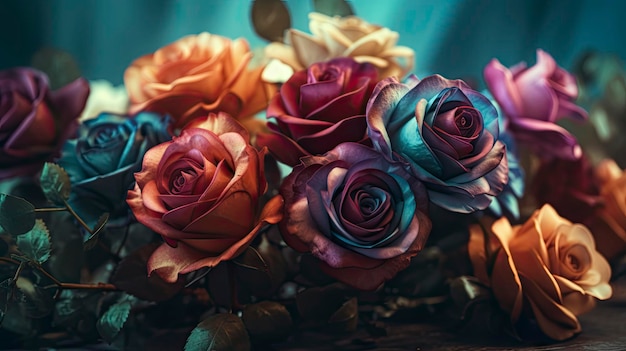 Ramo de rosas de fantasía vintage profundo y colorido sobre fondo borroso