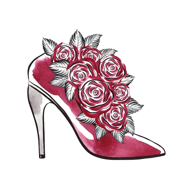 Ramo de rosas Las flores se atan con un lazo morado en un zapato de tacón woman039s Acuarela a mano