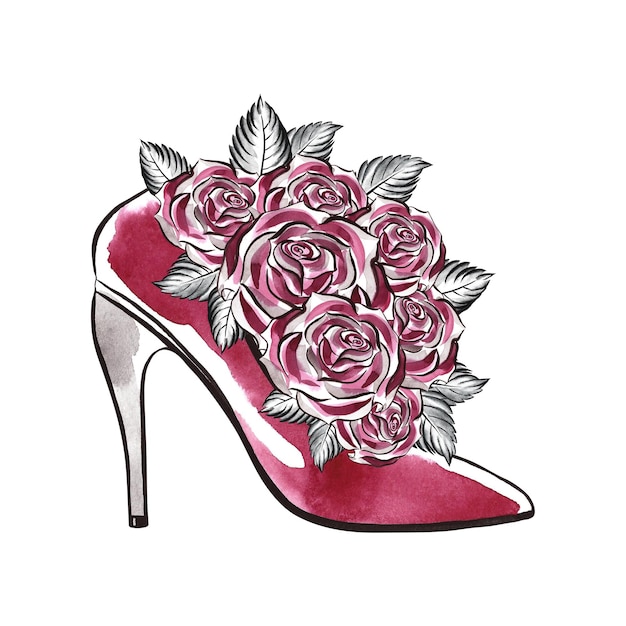 Ramo de rosas Las flores se atan con un lazo morado en un zapato de tacón woman039s Acuarela a mano
