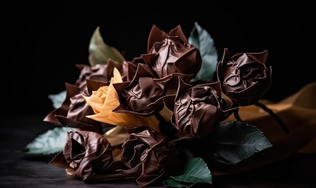 Un ramo de rosas con hojas de chocolate sobre un fondo negro.