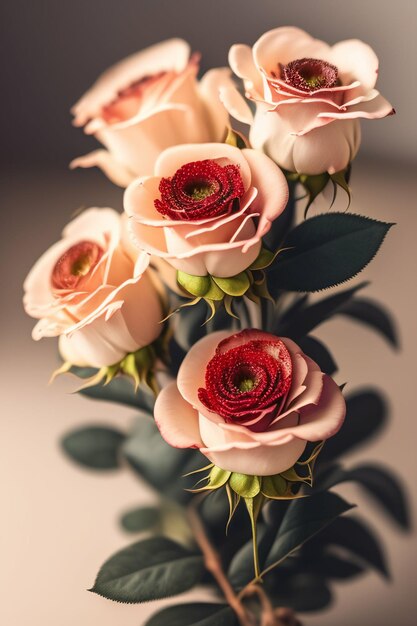 Foto un ramo de rosas con hojas verdes y flores rosas.