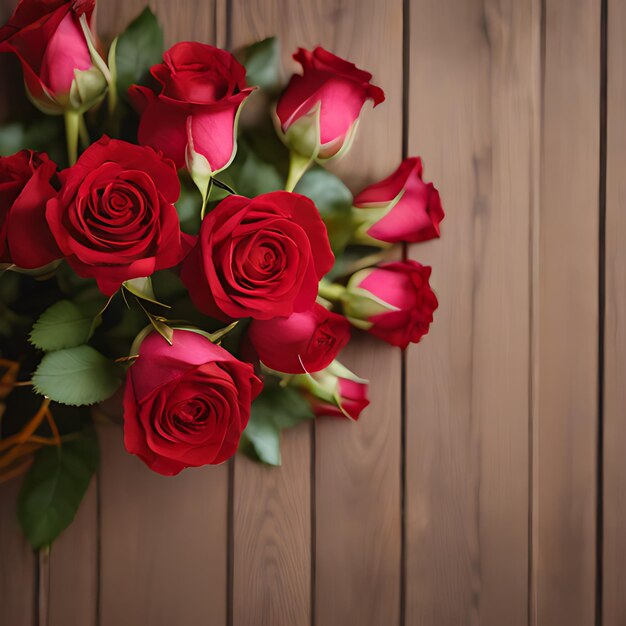 Foto un ramo de rosas con hojas verdes y un fondo de madera