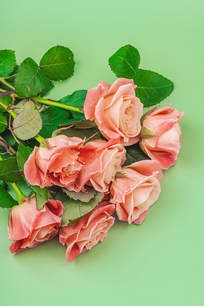 Foto un ramo de rosas en un jarrón sobre un fondo verde pastel