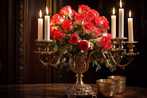 Ramo de rosas con marcos fotográficos de bronce antiguo