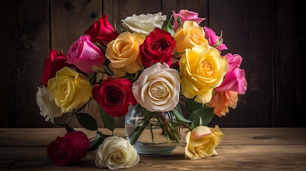 Un ramo de rosas en una mesa de madera