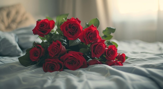 un ramo de rosas rojas en la cama de alguien