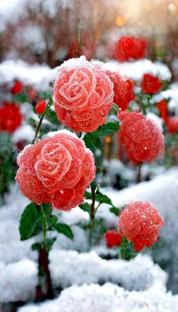 Ramo de rosas rojas cubiertas de nieve ai generativo