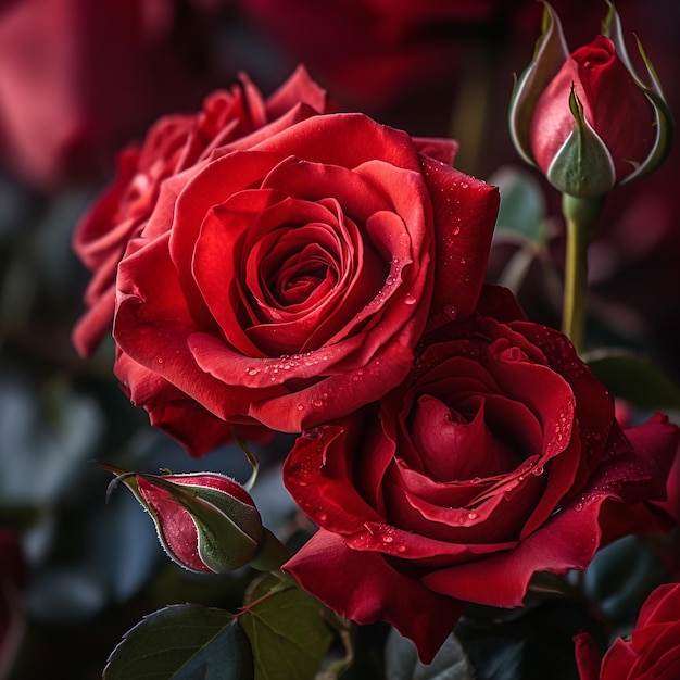 Un ramo de rosas rojas con una de ellas tiene gotas de agua.