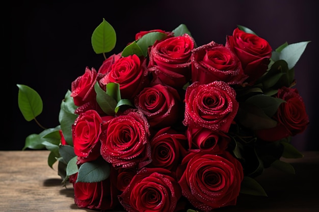 Un ramo de rosas rojas está sobre una mesa de madera.