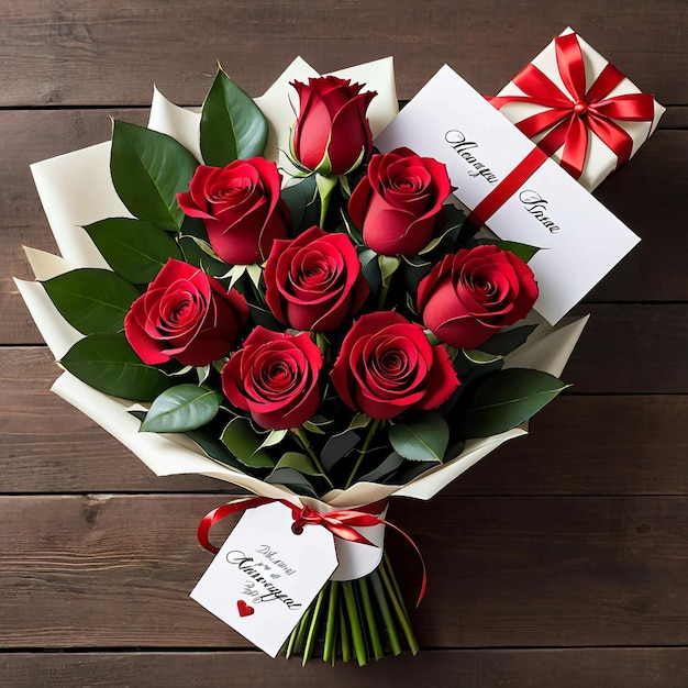 Un ramo de rosas rojas con una etiqueta de regalo.