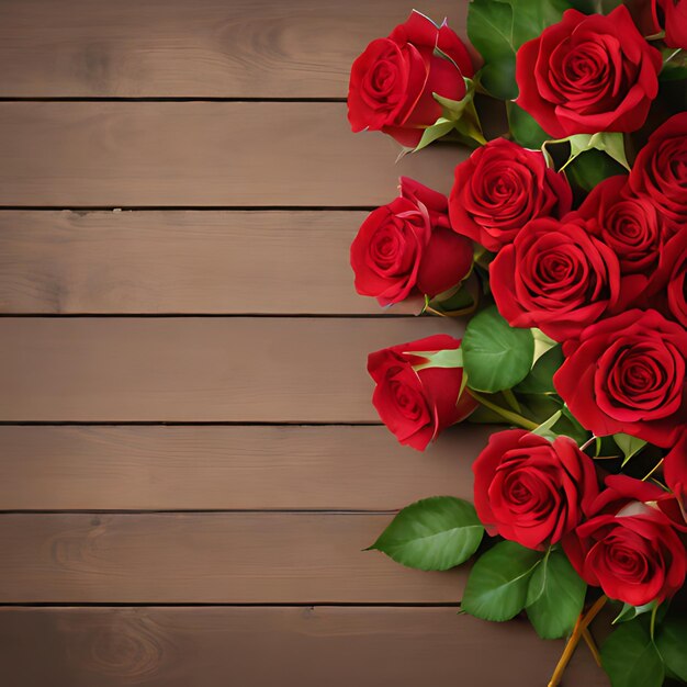 Foto un ramo de rosas rojas en un fondo de madera