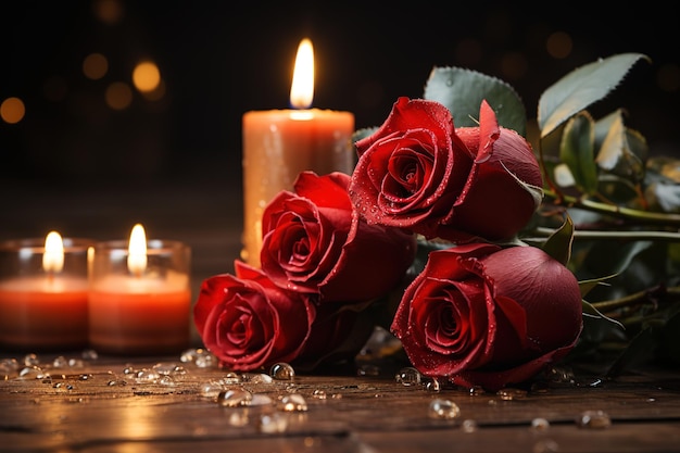 ramo de rosas rojas y frascos con vela en fondo de madera Día de San Valentín
