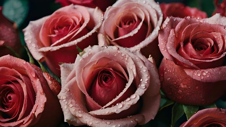 un ramo de rosas rojas con gotas de agua en ellas