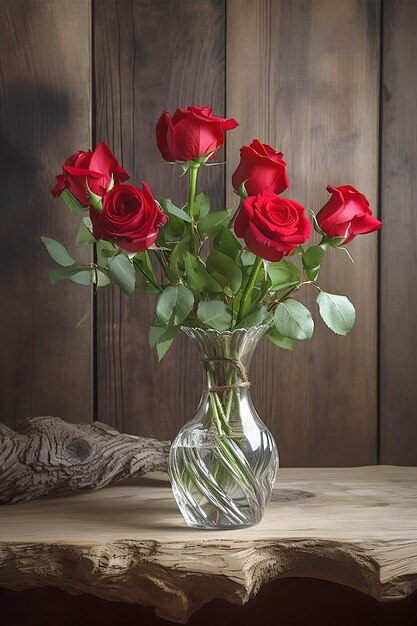 Ramo de rosas rojas en jarrón de cristal sobre fondo de madera