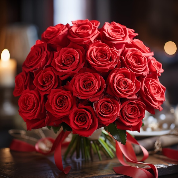 Un ramo de rosas rojas en un jarrón en una mesa decoración floral romántica día de San Valentín