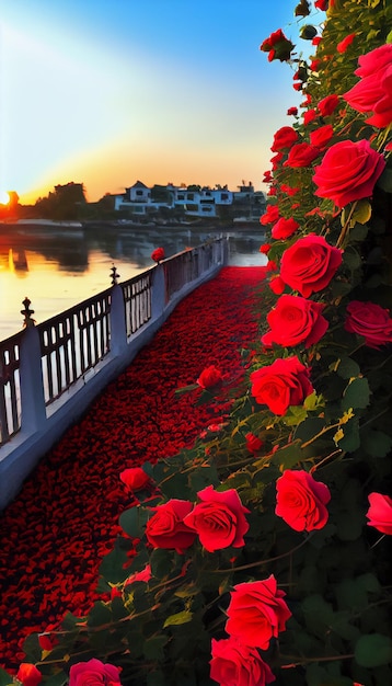 Ramo de rosas rojas junto a un cuerpo de agua generativa ai