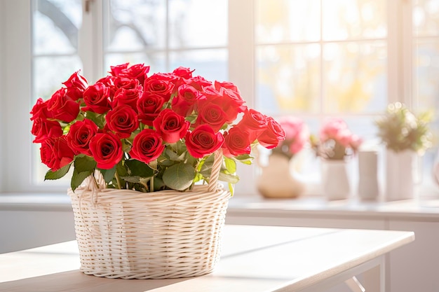 un ramo de rosas rojas en la mesa de la cocina