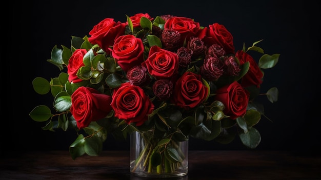 Un ramo de rosas rojas se muestra en una mesa.