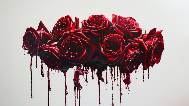 Foto un ramo de rosas rojas con sangre goteando por el centro