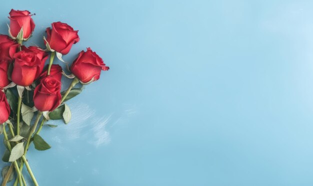 Un ramo de rosas rojas sobre un fondo azul Espacio de copia vacío Concepto del Día de la Madre Diseño plano Creado con herramientas generativas de IA