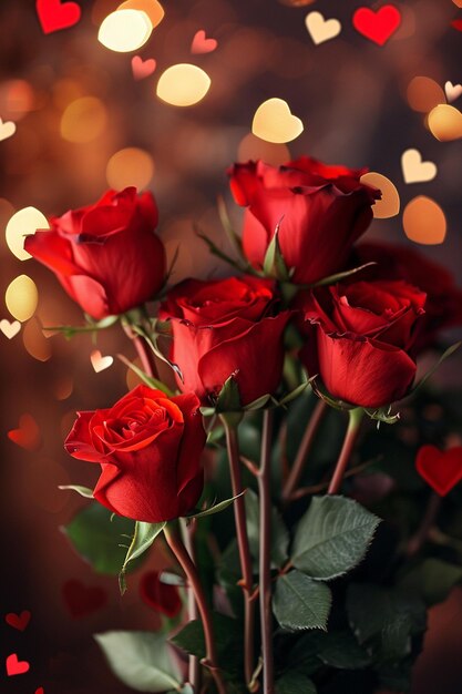 Ramo de rosas rojas sobre un fondo de madera y fondo bokeh Día de San Valentín Día de las Madres