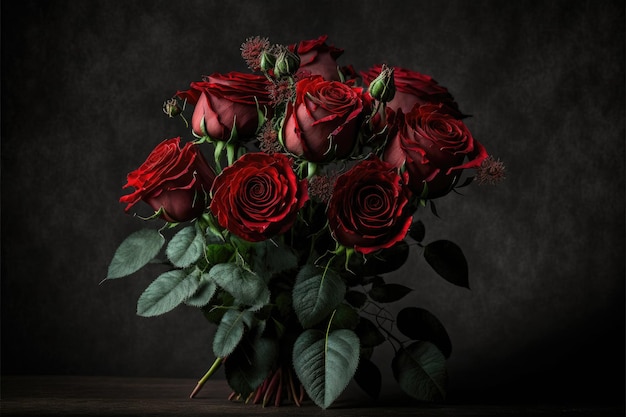 Ramo de rosas rojas sobre fondo oscuro Ejemplo de regalo para el día de San Valentín IA generativa