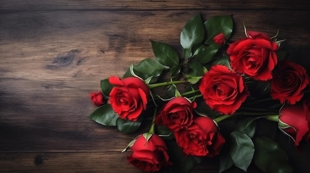 Un ramo de rosas rojas sobre una mesa de madera