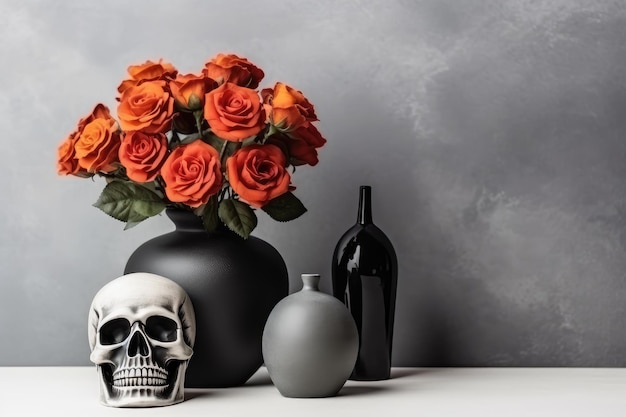 Ramo de rosas rojas en vaso negro cráneo y botella en mesa de madera blanca concepto de Halloween