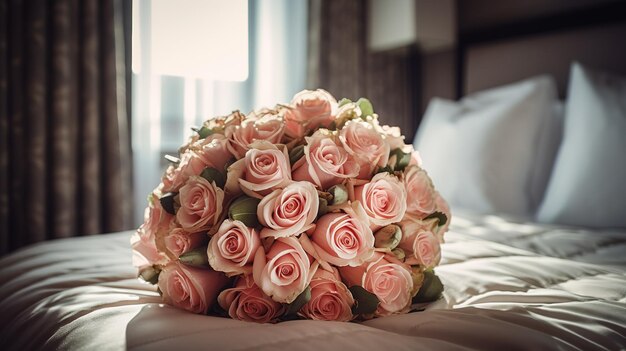 Un ramo de rosas rosadas en una cama en un hotel generó ai