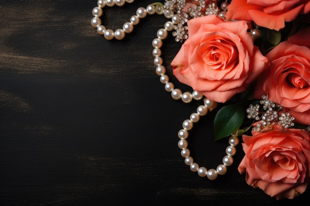 un ramo de rosas rosadas con collares de perlas sobre un fondo oscuro.
