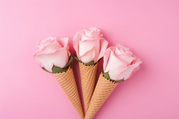 Un ramo de rosas rosadas en un cono de galleta sobre un fondo rosa