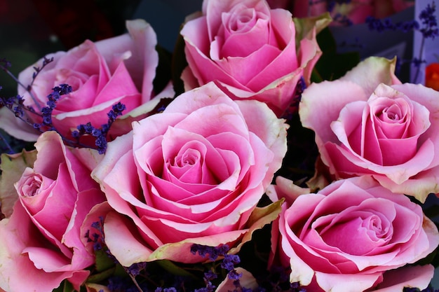 Un ramo de rosas rosadas están en un ramo