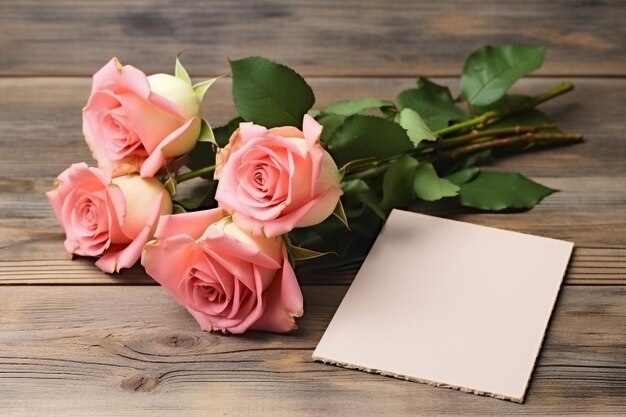 Ramo de rosas rosadas y hoja de papel en blanco sobre mesa de madera