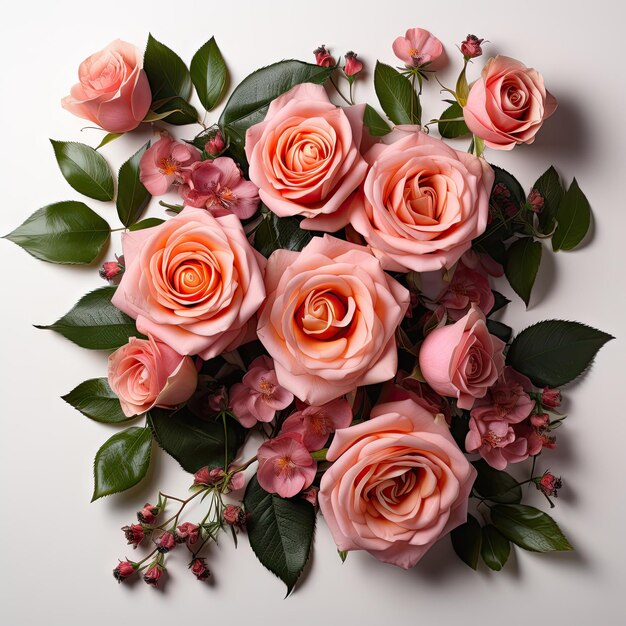 un ramo de rosas rosadas con hojas verdes y flores rosadas.