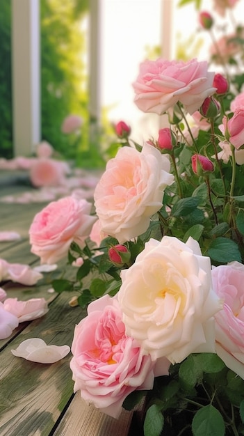 Un ramo de rosas rosadas en una mesa