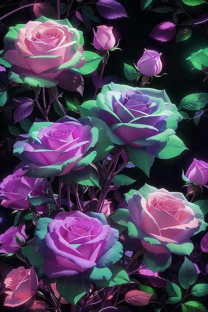 Un ramo de rosas rosadas y moradas sobre un fondo negro