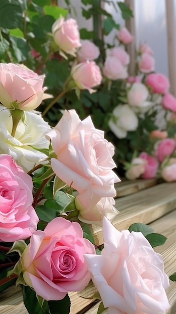 Un ramo de rosas rosadas en una plataforma de madera