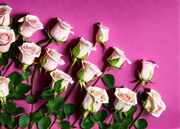 Un ramo de rosas rosadas sobre un fondo rosa