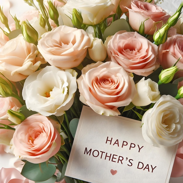 un ramo de rosas rosas y blancas con una tarjeta que dice feliz día de la madre