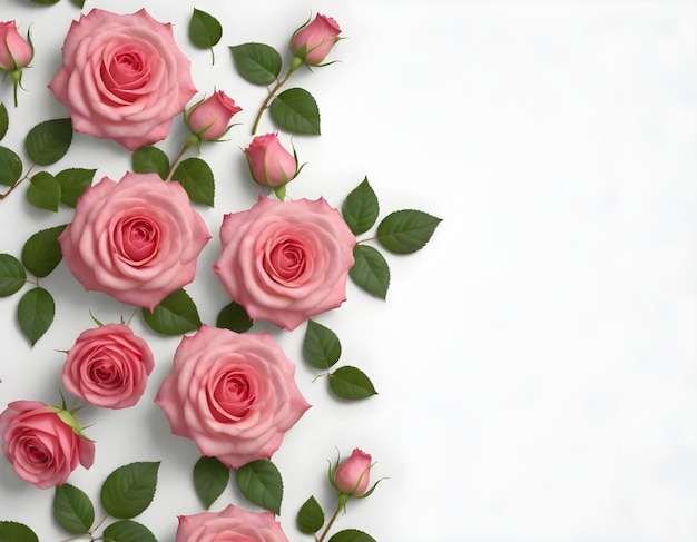 un ramo de rosas rosas con hojas verdes en un fondo blanco