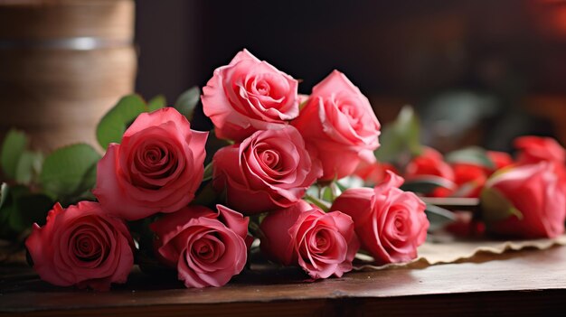 Ramo de rosas rosas en una mesa de madera enfoque selectivo Día de la Madre